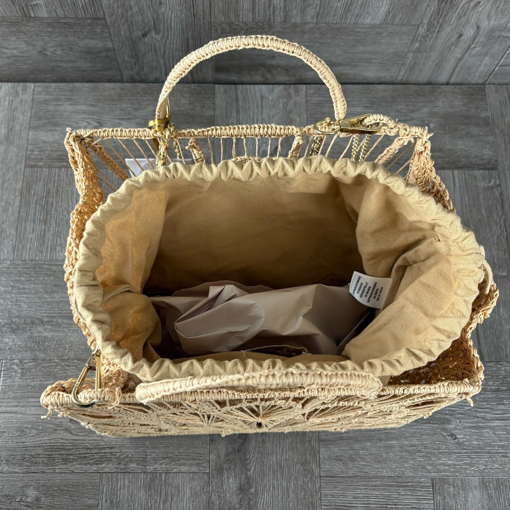 House Of Harlow 1960 Tan Hand Woven Raffia Hand Bag Purse Gold Crossbody Strap - Picture 8 of 11